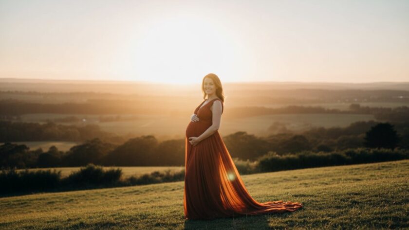 A stunning, professionally lit photograph capturing an expectant mother in an enchanting Mount Helen Victoria outdoor maternity photography session, bathed in golden hour light with a flowing gown, set against the serene landscape.