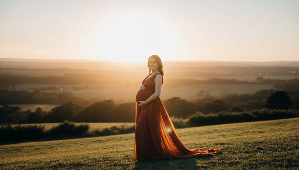 A stunning, professionally lit photograph capturing an expectant mother in an enchanting Mount Helen Victoria outdoor maternity photography session, bathed in golden hour light with a flowing gown, set against the serene landscape.