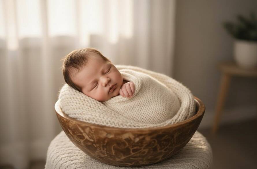 A breathtaking, warm-toned close-up of a peacefully sleeping newborn baby wrapped in soft cream fabric, held gently in a parent's hands, with soft, golden-hour light illuminating their tiny features, set against a subtly blurred, natural background suggesting a serene Mont Albert North home. This epic moment of new life is captured with professional clarity and emotional depth.