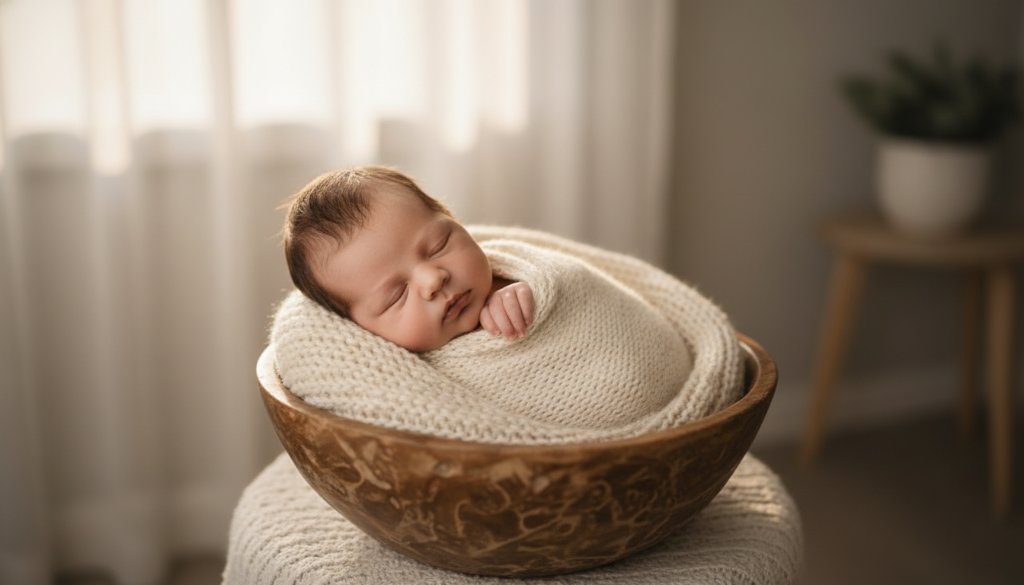 A breathtaking, warm-toned close-up of a peacefully sleeping newborn baby wrapped in soft cream fabric, held gently in a parent's hands, with soft, golden-hour light illuminating their tiny features, set against a subtly blurred, natural background suggesting a serene Mont Albert North home. This epic moment of new life is captured with professional clarity and emotional depth.