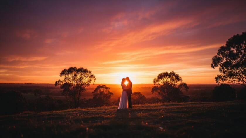 An enchanting Park Orchards pre-wedding photography session capturing a couple embracing at golden hour, silhouetted against a dramatic sunset over rolling hills, with professional colour grading and a cinematic feel.