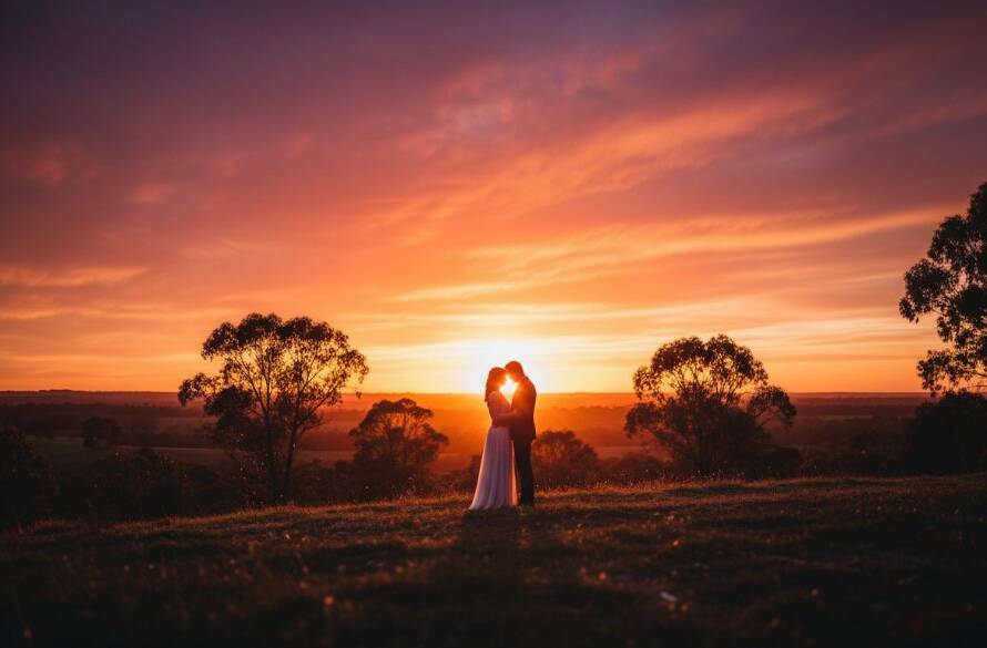 An enchanting Park Orchards pre-wedding photography session capturing a couple embracing at golden hour, silhouetted against a dramatic sunset over rolling hills, with professional colour grading and a cinematic feel.
