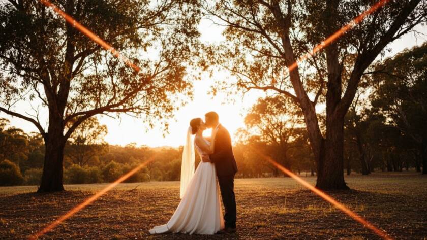 An enchanting Park Orchards wedding photography capturing authentic joy, featuring a newlywed couple embracing under dramatic golden hour light, surrounded by majestic eucalypt trees, their faces radiant with pure happiness and love.