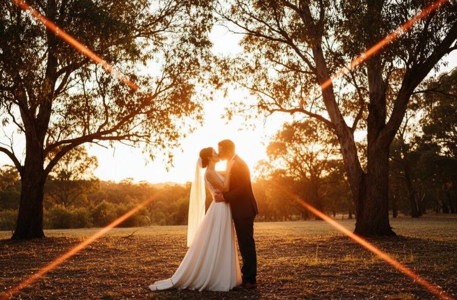 An enchanting Park Orchards wedding photography capturing authentic joy, featuring a newlywed couple embracing under dramatic golden hour light, surrounded by majestic eucalypt trees, their faces radiant with pure happiness and love.