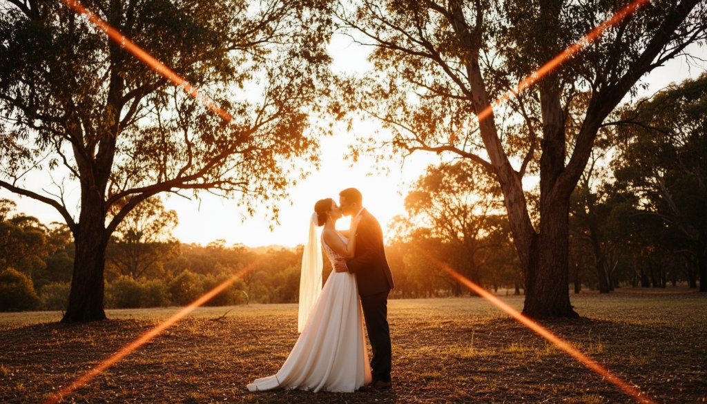 An enchanting Park Orchards wedding photography capturing authentic joy, featuring a newlywed couple embracing under dramatic golden hour light, surrounded by majestic eucalypt trees, their faces radiant with pure happiness and love.