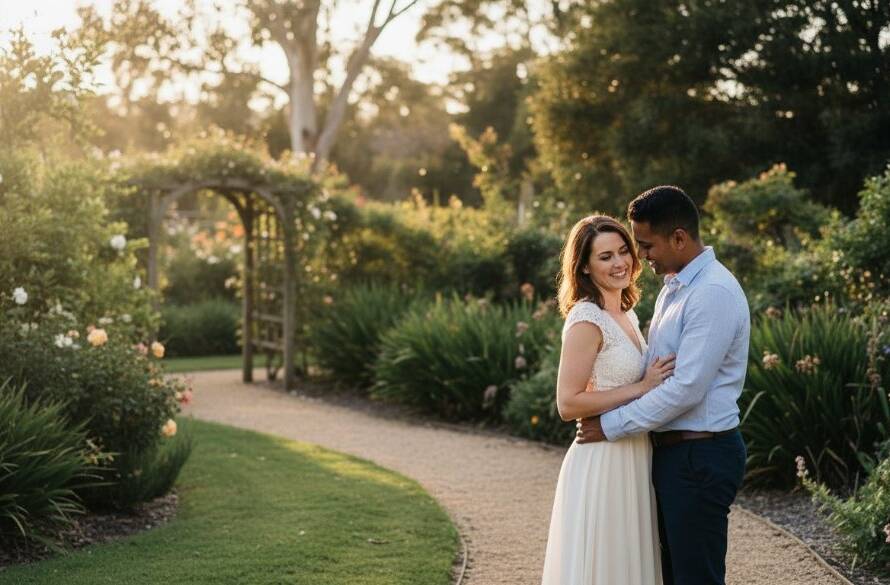 An enchanting pre-wedding photography Blackburn South gardens shot featuring a couple in an intimate embrace amidst lush, golden-hour lit greenery, showcasing their deep connection and the vibrant local landscape.