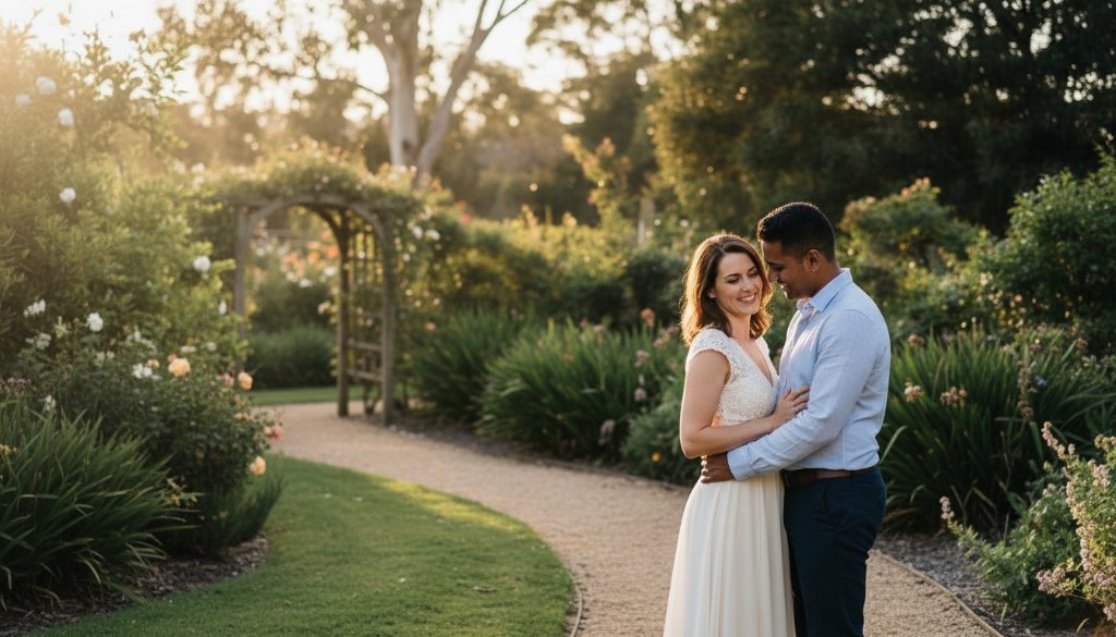 An enchanting pre-wedding photography Blackburn South gardens shot featuring a couple in an intimate embrace amidst lush, golden-hour lit greenery, showcasing their deep connection and the vibrant local landscape.