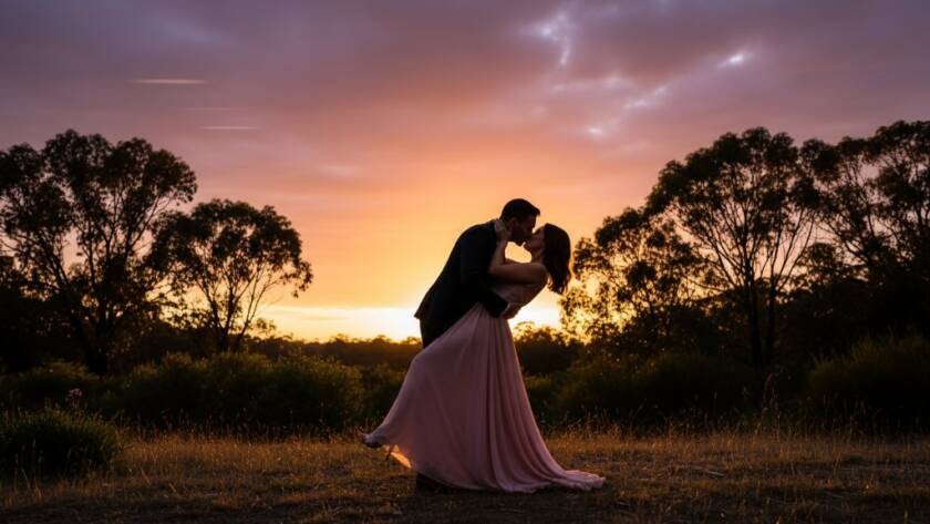 An enchanting pre-wedding photography Ringwood East natural beauty moment: a couple embraces dramatically at sunset on a tranquil bushland trail, golden light silhouetting their tender pose, capturing their love story with cinematic flair.