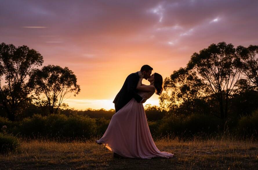 An enchanting pre-wedding photography Ringwood East natural beauty moment: a couple embraces dramatically at sunset on a tranquil bushland trail, golden light silhouetting their tender pose, capturing their love story with cinematic flair.