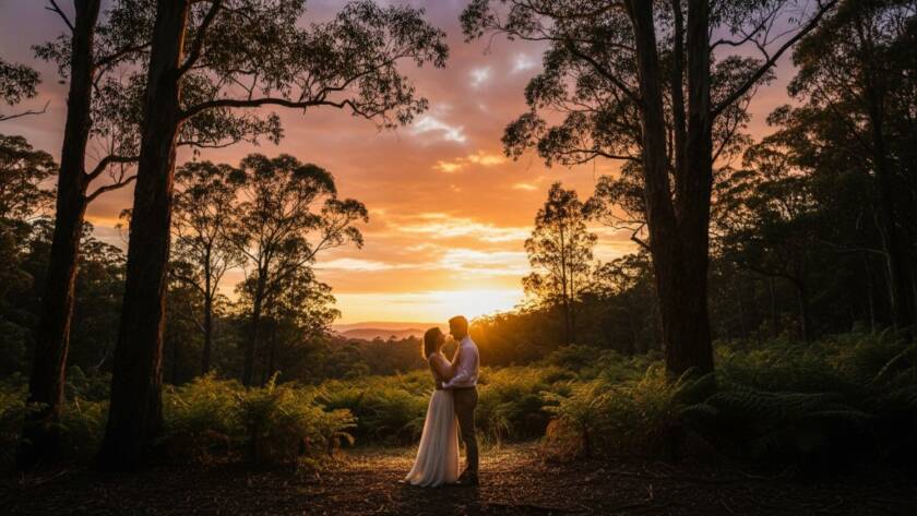 An engaged couple sharing an intimate, joyful moment at sunset in a lush forest clearing in The Basin, Dandenong Ranges, perfectly capturing their enchanting pre-wedding photography The Basin Victoria, with soft golden light filtering through the trees.