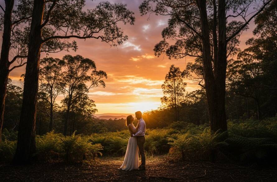 An engaged couple sharing an intimate, joyful moment at sunset in a lush forest clearing in The Basin, Dandenong Ranges, perfectly capturing their enchanting pre-wedding photography The Basin Victoria, with soft golden light filtering through the trees.