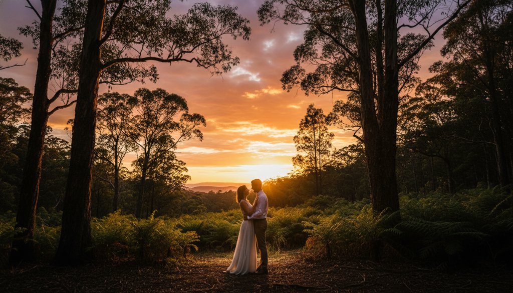 An engaged couple sharing an intimate, joyful moment at sunset in a lush forest clearing in The Basin, Dandenong Ranges, perfectly capturing their enchanting pre-wedding photography The Basin Victoria, with soft golden light filtering through the trees.