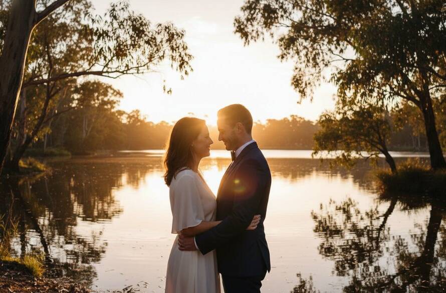 A couple sharing an intimate, joyful moment with dramatic sunset backlighting during their enchanting pre-wedding photos at Blackburn Lake, capturing their unique love story in Victoria.