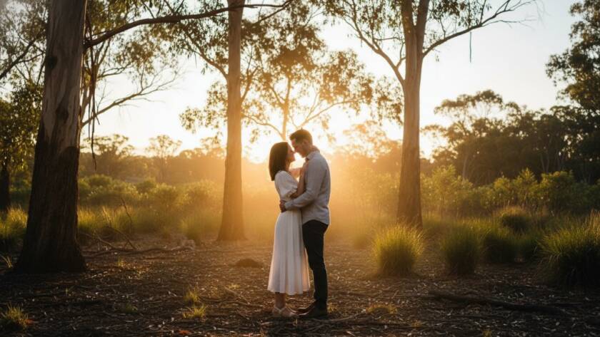 An 'epic moment' style photograph capturing a couple embracing passionately at sunset in the tranquil bushland of Ringwood North, Victoria, showcasing the magic of enchanting Ringwood North pre-wedding photography in Victoria with dramatic backlighting and a warm, golden hour glow.
