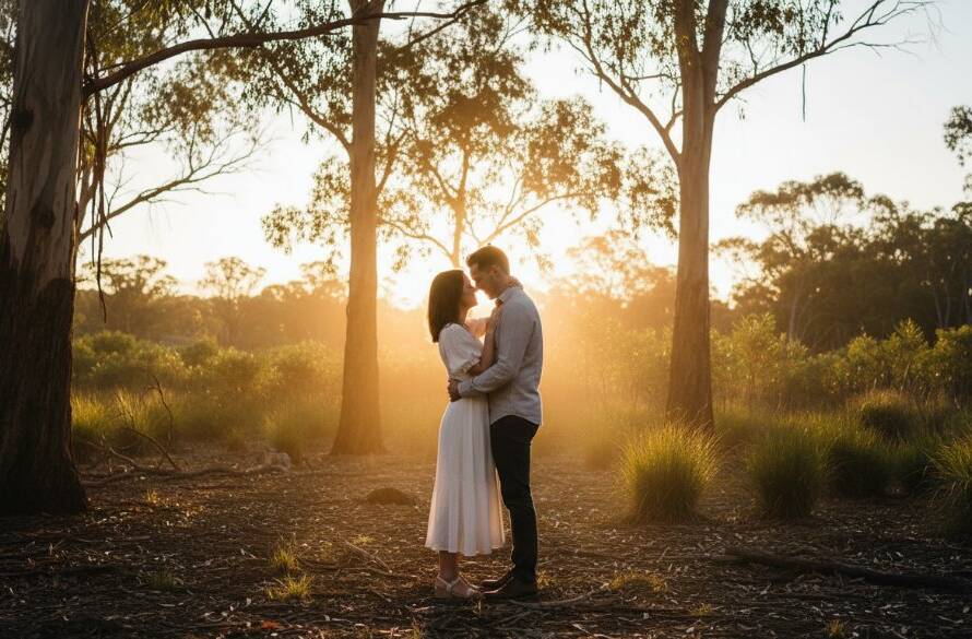 An 'epic moment' style photograph capturing a couple embracing passionately at sunset in the tranquil bushland of Ringwood North, Victoria, showcasing the magic of enchanting Ringwood North pre-wedding photography in Victoria with dramatic backlighting and a warm, golden hour glow.