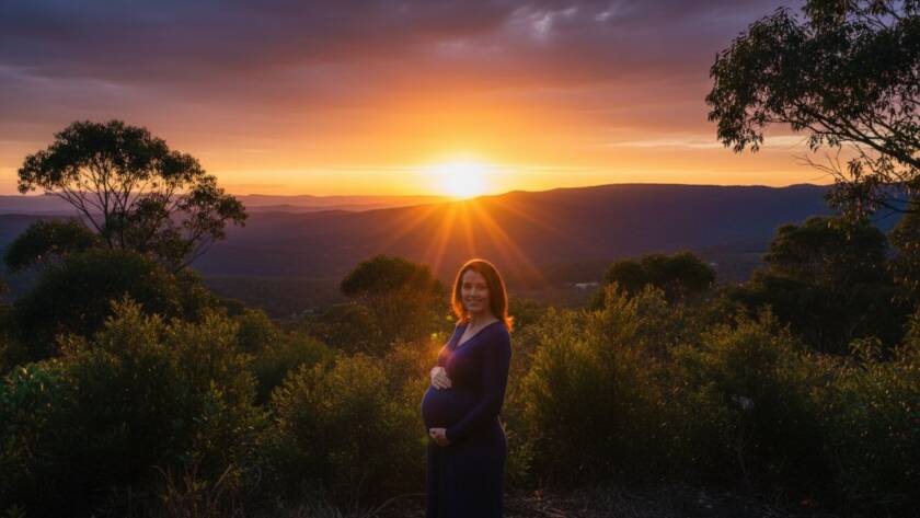 A breathtaking, epic moment photograph of a pregnant woman at golden hour in The Basin, Victoria, showcasing enchanting The Basin maternity photography outdoor sessions with a dramatic silhouette against a stunning mountain backdrop and soft, warm light.