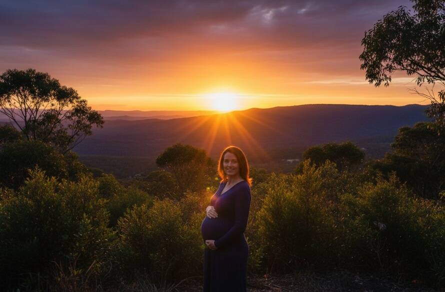 A breathtaking, epic moment photograph of a pregnant woman at golden hour in The Basin, Victoria, showcasing enchanting The Basin maternity photography outdoor sessions with a dramatic silhouette against a stunning mountain backdrop and soft, warm light.