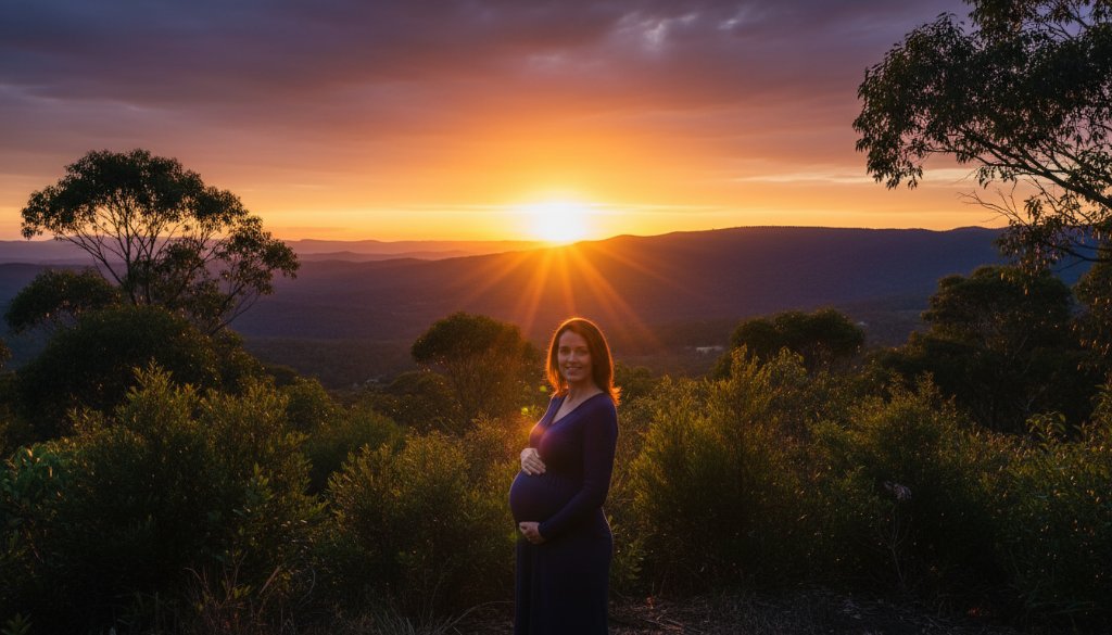 A breathtaking, epic moment photograph of a pregnant woman at golden hour in The Basin, Victoria, showcasing enchanting The Basin maternity photography outdoor sessions with a dramatic silhouette against a stunning mountain backdrop and soft, warm light.