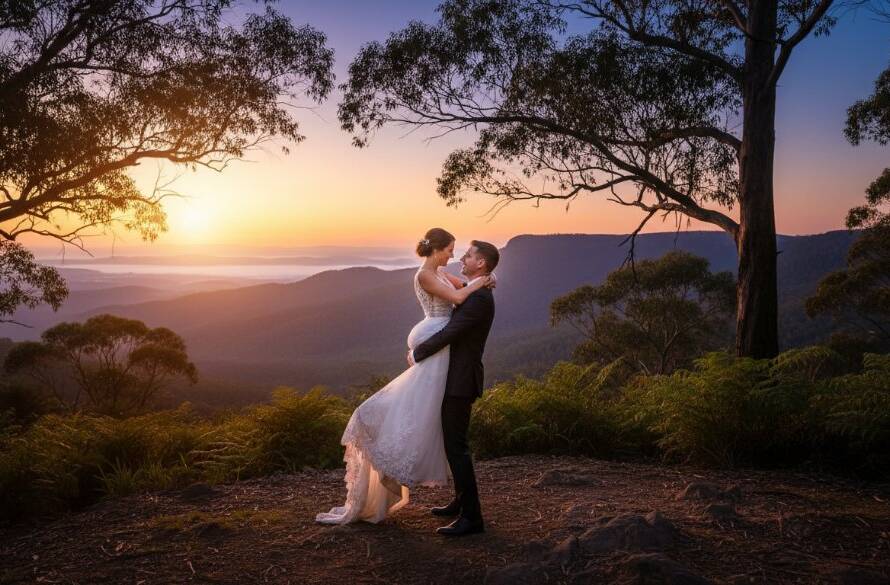 A newlywed couple shares an intimate, joyful embrace amidst the golden hour glow of the Dandenong Ranges, capturing enchanting Upper Ferntree Gully wedding photography moments with stunning natural light filtering through eucalyptus trees.
