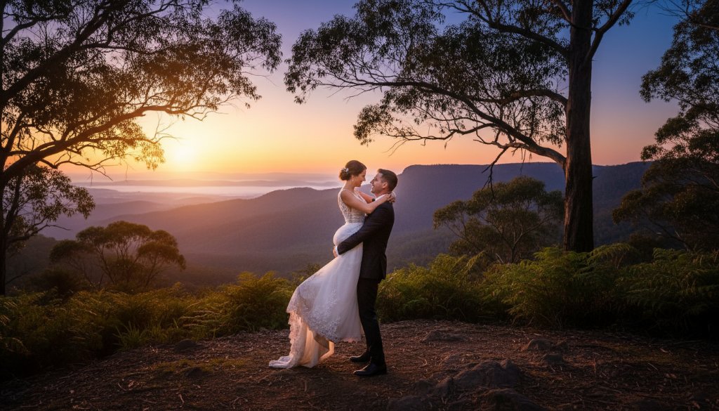 A newlywed couple shares an intimate, joyful embrace amidst the golden hour glow of the Dandenong Ranges, capturing enchanting Upper Ferntree Gully wedding photography moments with stunning natural light filtering through eucalyptus trees.
