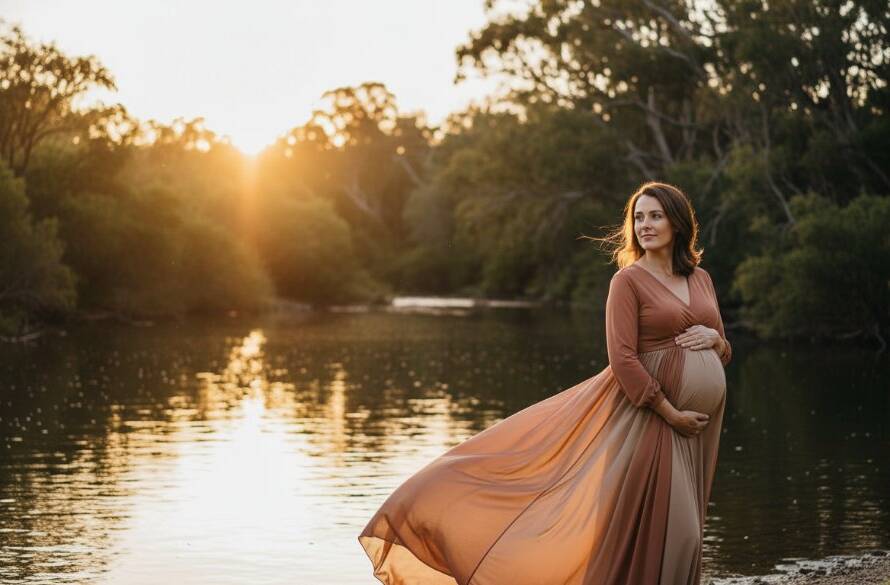 An enchanting Warrandyte maternity photoshoot featuring a radiant mother-to-be, gently touching her belly, bathed in golden hour light by the Yarra River's serene banks, evoking a timeless and emotional moment.