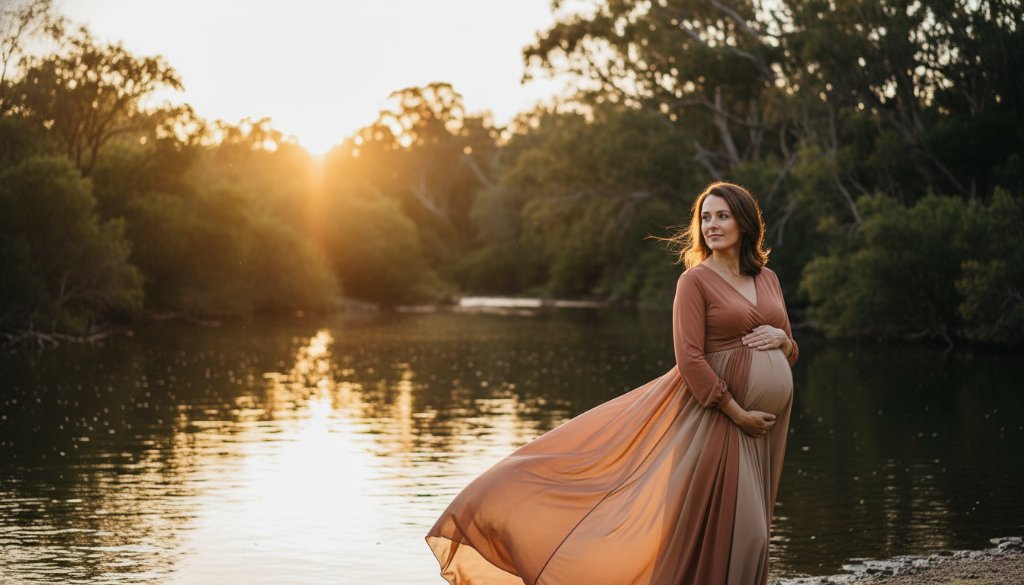An enchanting Warrandyte maternity photoshoot featuring a radiant mother-to-be, gently touching her belly, bathed in golden hour light by the Yarra River's serene banks, evoking a timeless and emotional moment.