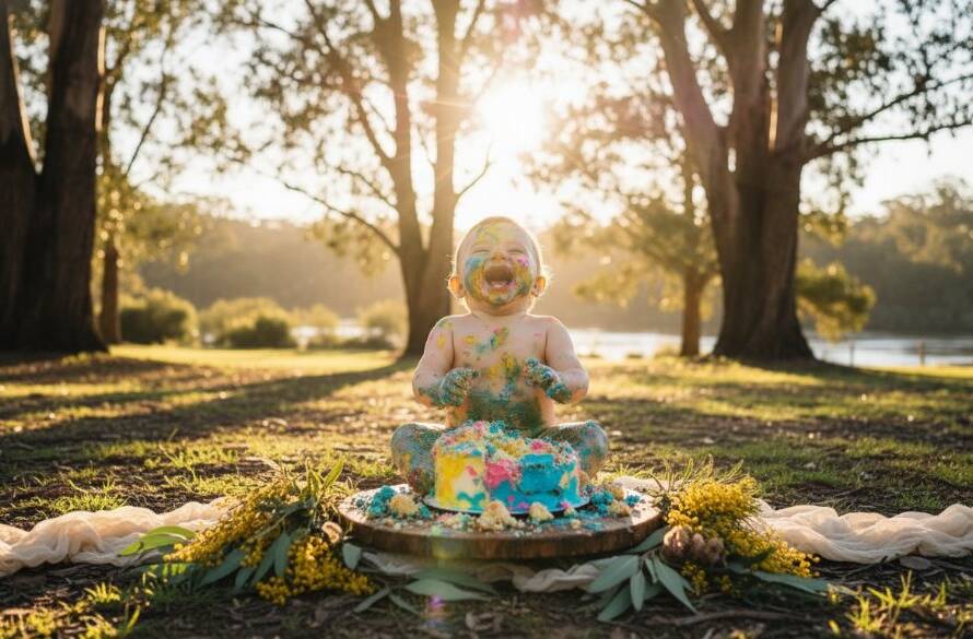 A joyful baby, covered in cake, laughing amidst a whimsical outdoor setting in Wonga Park, captured during an enchanting Wonga Park first birthday cake smash photography session with dramatic golden hour lighting.