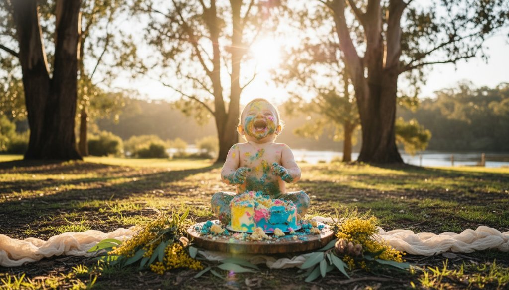 A joyful baby, covered in cake, laughing amidst a whimsical outdoor setting in Wonga Park, captured during an enchanting Wonga Park first birthday cake smash photography session with dramatic golden hour lighting.