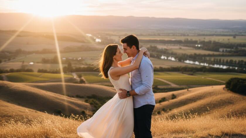 An enchanting Wonga Park pre-wedding photography adventure featuring a couple embraced on a sun-drenched hill overlooking the Yarra Valley, capturing an epic, golden hour romantic moment with dramatic lens flare and professional colour grading.