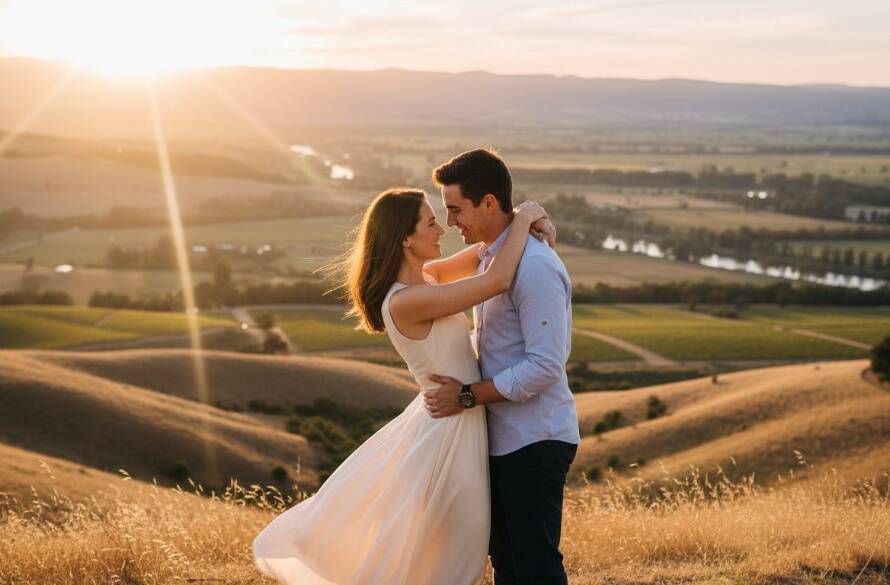 An enchanting Wonga Park pre-wedding photography adventure featuring a couple embraced on a sun-drenched hill overlooking the Yarra Valley, capturing an epic, golden hour romantic moment with dramatic lens flare and professional colour grading.