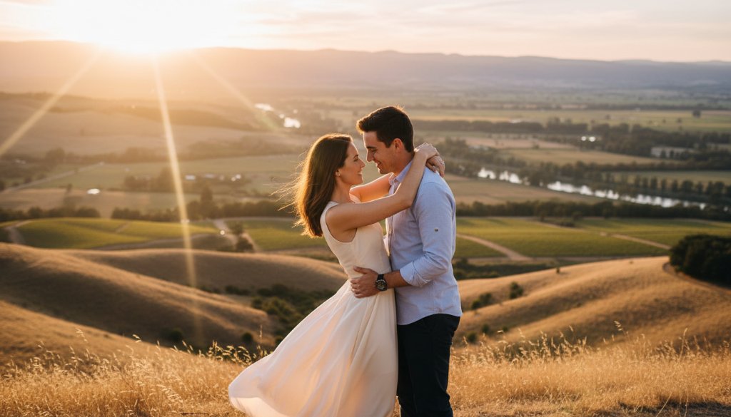 An enchanting Wonga Park pre-wedding photography adventure featuring a couple embraced on a sun-drenched hill overlooking the Yarra Valley, capturing an epic, golden hour romantic moment with dramatic lens flare and professional colour grading.