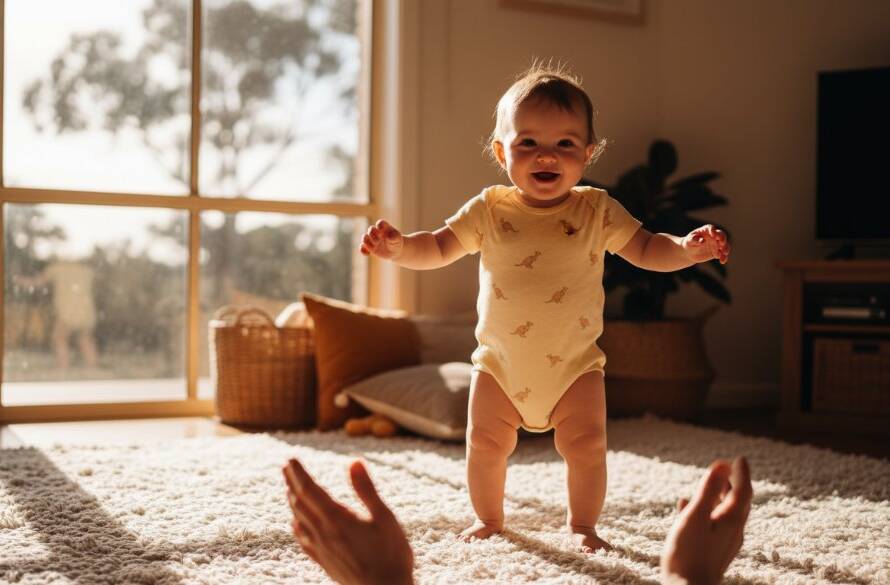 A heartwarming, professionally colour-graded cinematic photograph showcasing a baby's joyful first steps in a sun-drenched, natural setting near Lysterfield Park in Endeavour Hills, Victoria, symbolising Endeavour Hills baby photography precious milestones captured with warmth and artistry.