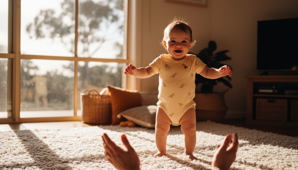 A heartwarming, professionally colour-graded cinematic photograph showcasing a baby's joyful first steps in a sun-drenched, natural setting near Lysterfield Park in Endeavour Hills, Victoria, symbolising Endeavour Hills baby photography precious milestones captured with warmth and artistry.