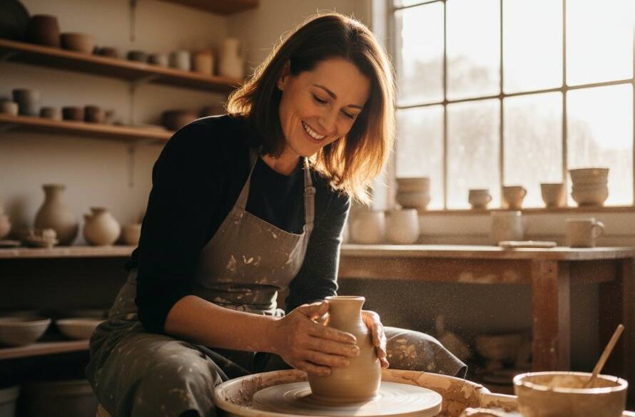 An epic moment captured in Endeavour Hills branding photography for small businesses, featuring a local artisan passionately working on their craft in a sun-drenched, rustic studio, with dramatic backlighting highlighting their focused expression and the intricate details of their handmade products.
