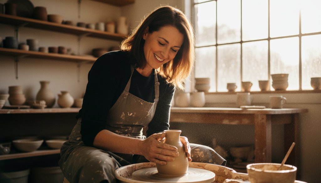 An epic moment captured in Endeavour Hills branding photography for small businesses, featuring a local artisan passionately working on their craft in a sun-drenched, rustic studio, with dramatic backlighting highlighting their focused expression and the intricate details of their handmade products.
