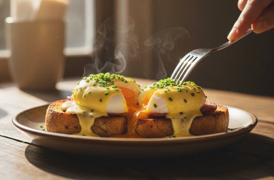 An intimate, dramatically lit close-up of a steaming gourmet brunch dish, artfully arranged on a rustic wooden table in a sun-dappled Endeavour Hills cafe, ready to highlight Endeavour Hills food photography for local cafes.