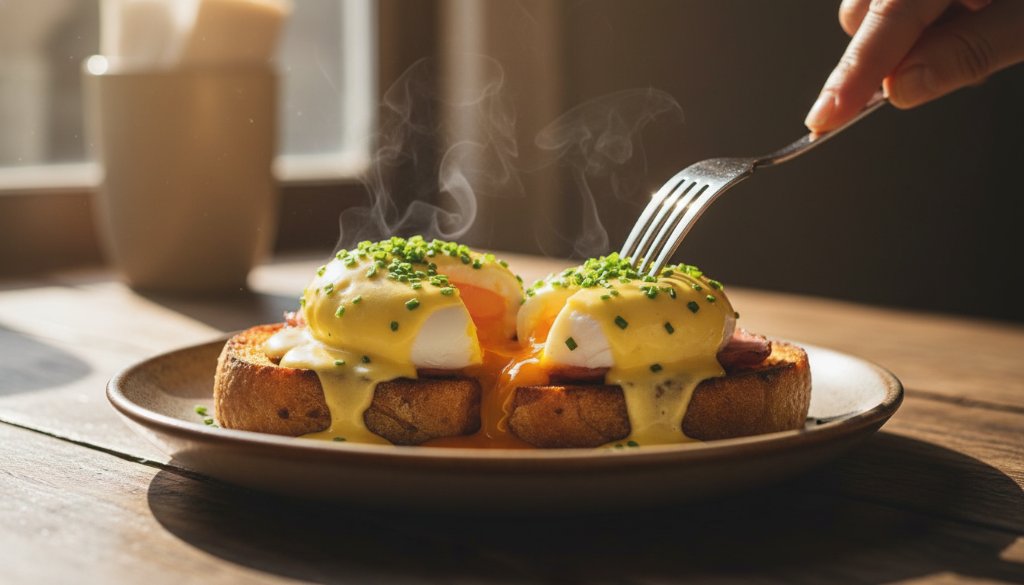 An intimate, dramatically lit close-up of a steaming gourmet brunch dish, artfully arranged on a rustic wooden table in a sun-dappled Endeavour Hills cafe, ready to highlight Endeavour Hills food photography for local cafes.