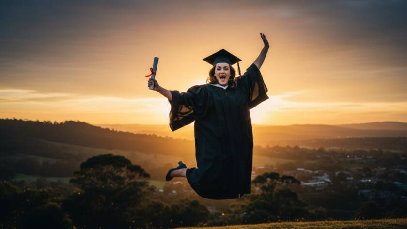A joyous wide-angle shot of a graduate in Endeavour Hills celebrating 'graduation photography memorable moments' at sunset, cap thrown high, with proud family blurred in the background, capturing an epic, emotional achievement.