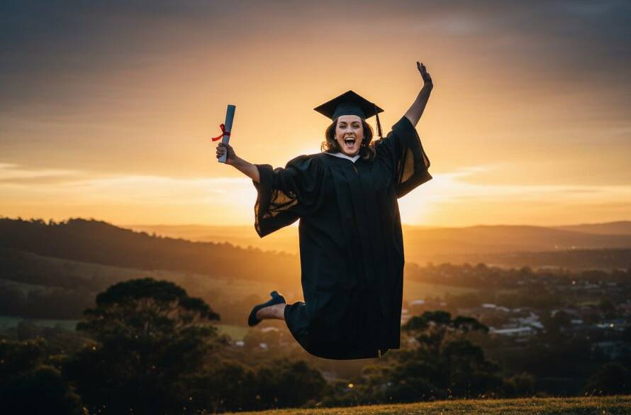 A joyous wide-angle shot of a graduate in Endeavour Hills celebrating 'graduation photography memorable moments' at sunset, cap thrown high, with proud family blurred in the background, capturing an epic, emotional achievement.
