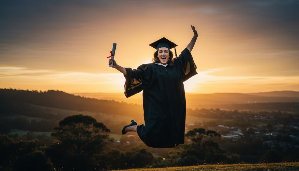 A joyous wide-angle shot of a graduate in Endeavour Hills celebrating 'graduation photography memorable moments' at sunset, cap thrown high, with proud family blurred in the background, capturing an epic, emotional achievement.