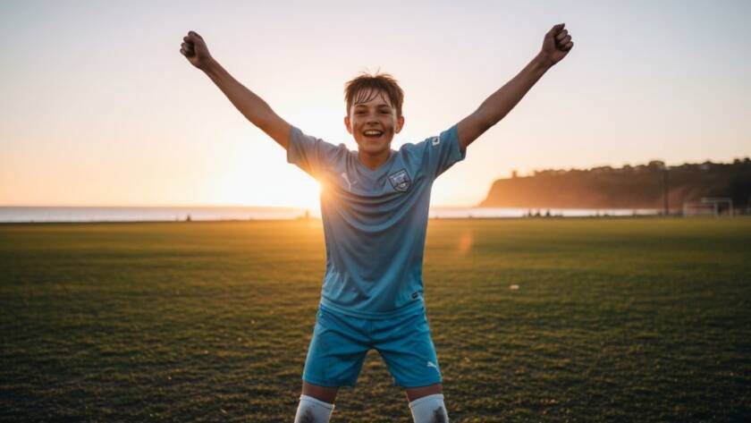 A powerful close-up of a young athlete mid-action, triumphantly scoring a goal during energetic junior sports action photography Black Rock, with the sun setting dramatically over Port Phillip Bay in the background, showcasing determination and peak performance.