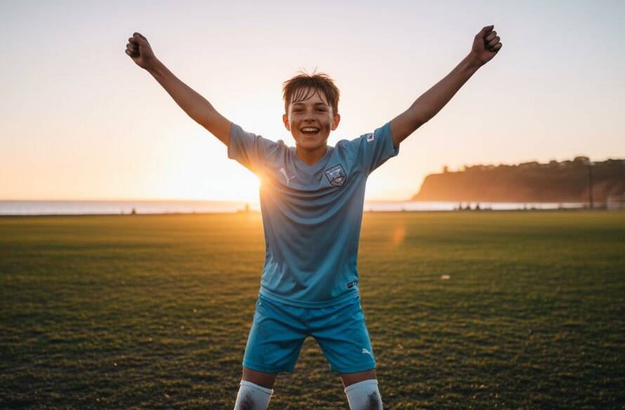 A powerful close-up of a young athlete mid-action, triumphantly scoring a goal during energetic junior sports action photography Black Rock, with the sun setting dramatically over Port Phillip Bay in the background, showcasing determination and peak performance.