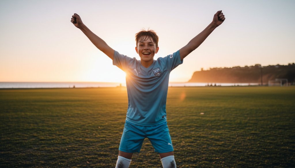 A powerful close-up of a young athlete mid-action, triumphantly scoring a goal during energetic junior sports action photography Black Rock, with the sun setting dramatically over Port Phillip Bay in the background, showcasing determination and peak performance.