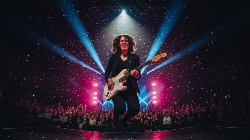 A wide-angle, low-angle shot of a lead guitarist intensely playing on stage at a Dandenong music venue, bathed in dramatic magenta and blue stage lights, capturing the raw energy of energetic live music photography Dandenong bands during a peak moment, with a blurred, cheering crowd in the background.