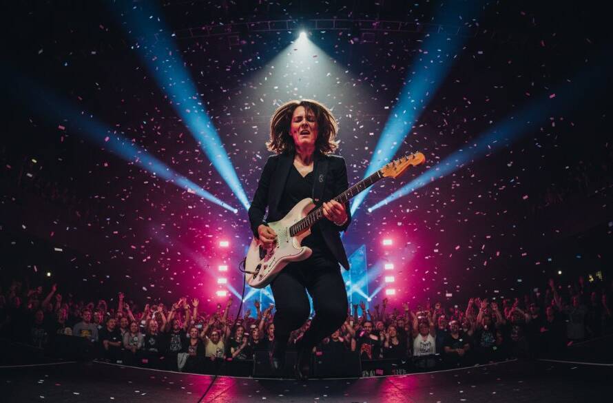 A wide-angle, low-angle shot of a lead guitarist intensely playing on stage at a Dandenong music venue, bathed in dramatic magenta and blue stage lights, capturing the raw energy of energetic live music photography Dandenong bands during a peak moment, with a blurred, cheering crowd in the background.