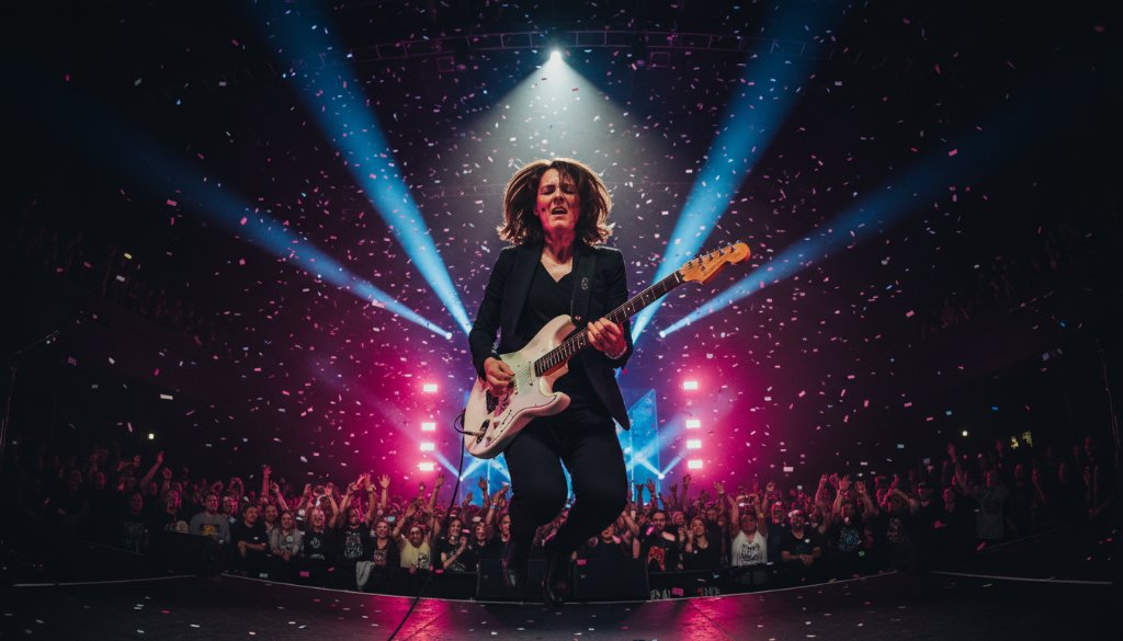 A wide-angle, low-angle shot of a lead guitarist intensely playing on stage at a Dandenong music venue, bathed in dramatic magenta and blue stage lights, capturing the raw energy of energetic live music photography Dandenong bands during a peak moment, with a blurred, cheering crowd in the background.