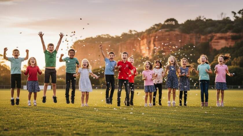 A vibrant, wide-angle photograph capturing an ecstatic group of primary school children in Black Rock, mid-laugh, playing on a sun-drenched oval with the iconic Red Bluff cliffs in the soft background, epitomising Engaging Primary School Photography Black Rock with genuine joy and community spirit.