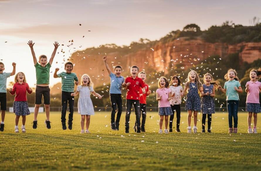 A vibrant, wide-angle photograph capturing an ecstatic group of primary school children in Black Rock, mid-laugh, playing on a sun-drenched oval with the iconic Red Bluff cliffs in the soft background, epitomising Engaging Primary School Photography Black Rock with genuine joy and community spirit.