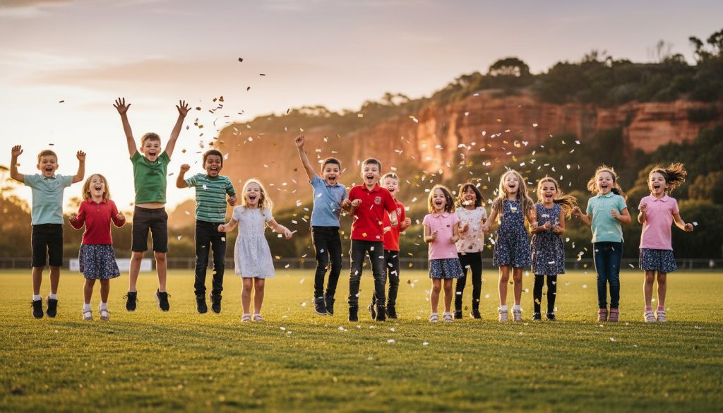 A vibrant, wide-angle photograph capturing an ecstatic group of primary school children in Black Rock, mid-laugh, playing on a sun-drenched oval with the iconic Red Bluff cliffs in the soft background, epitomising Engaging Primary School Photography Black Rock with genuine joy and community spirit.