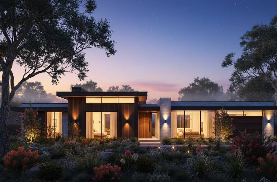 A wide-angle, twilight shot of a modern, well-lit family home in Bayswater, Victoria, showcasing its beautiful garden and inviting warmth, designed to enhance Bayswater property appeal with professional real estate photography.